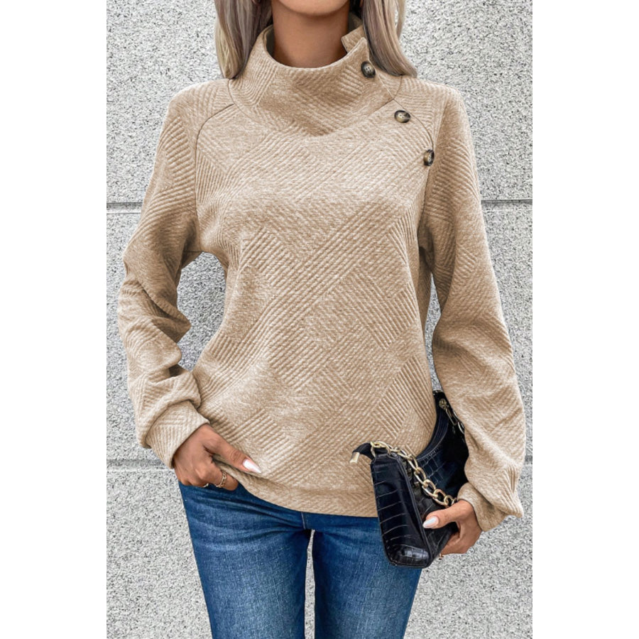 Textured Turtleneck Long Sleeve Sweatshirt Tan / S Apparel and Accessories