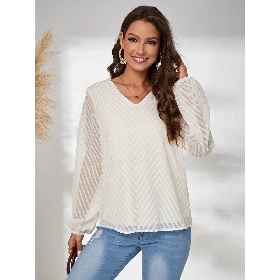 Textured V-Neck Balloon Sleeve Blouse Apparel and Accessories