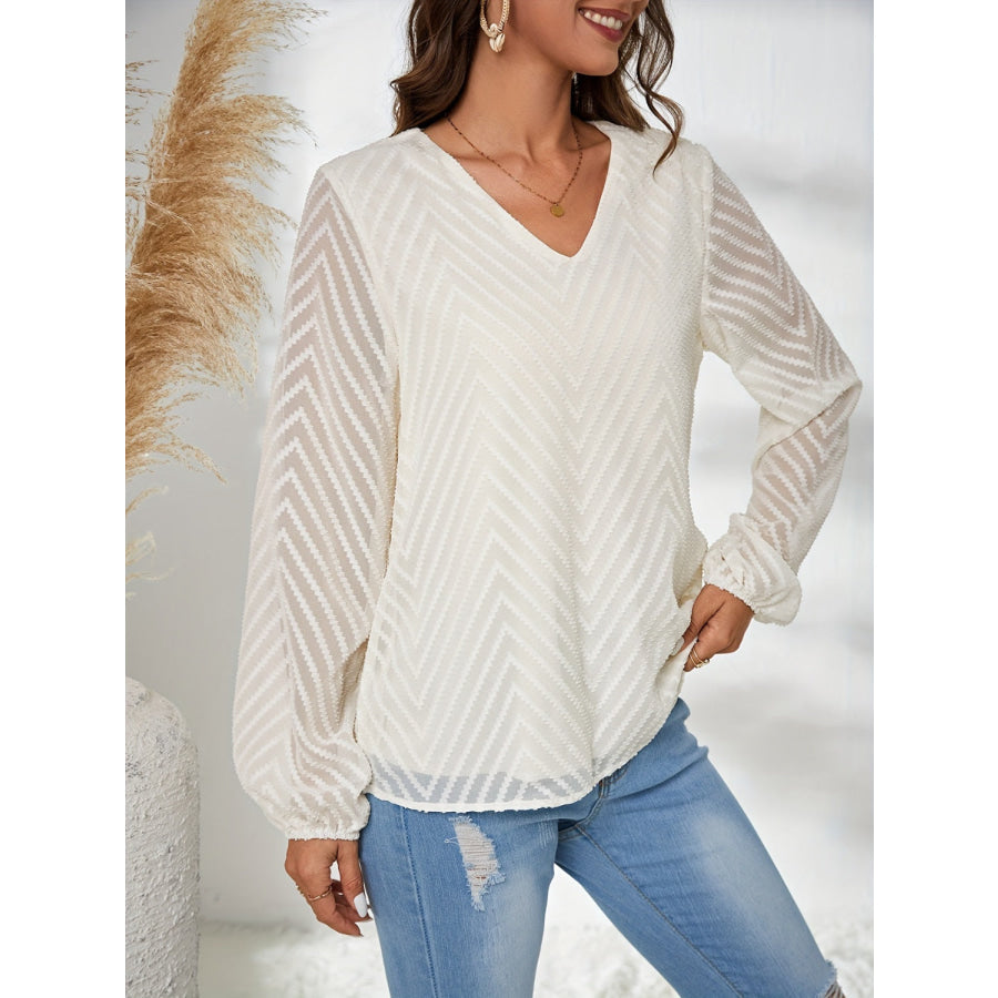 Textured V-Neck Balloon Sleeve Blouse Apparel and Accessories