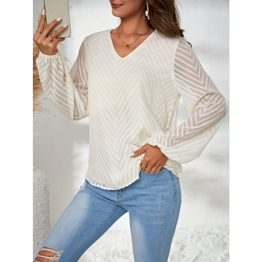 Textured V-Neck Balloon Sleeve Blouse Apparel and Accessories