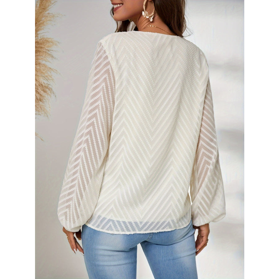 Textured V-Neck Balloon Sleeve Blouse Apparel and Accessories