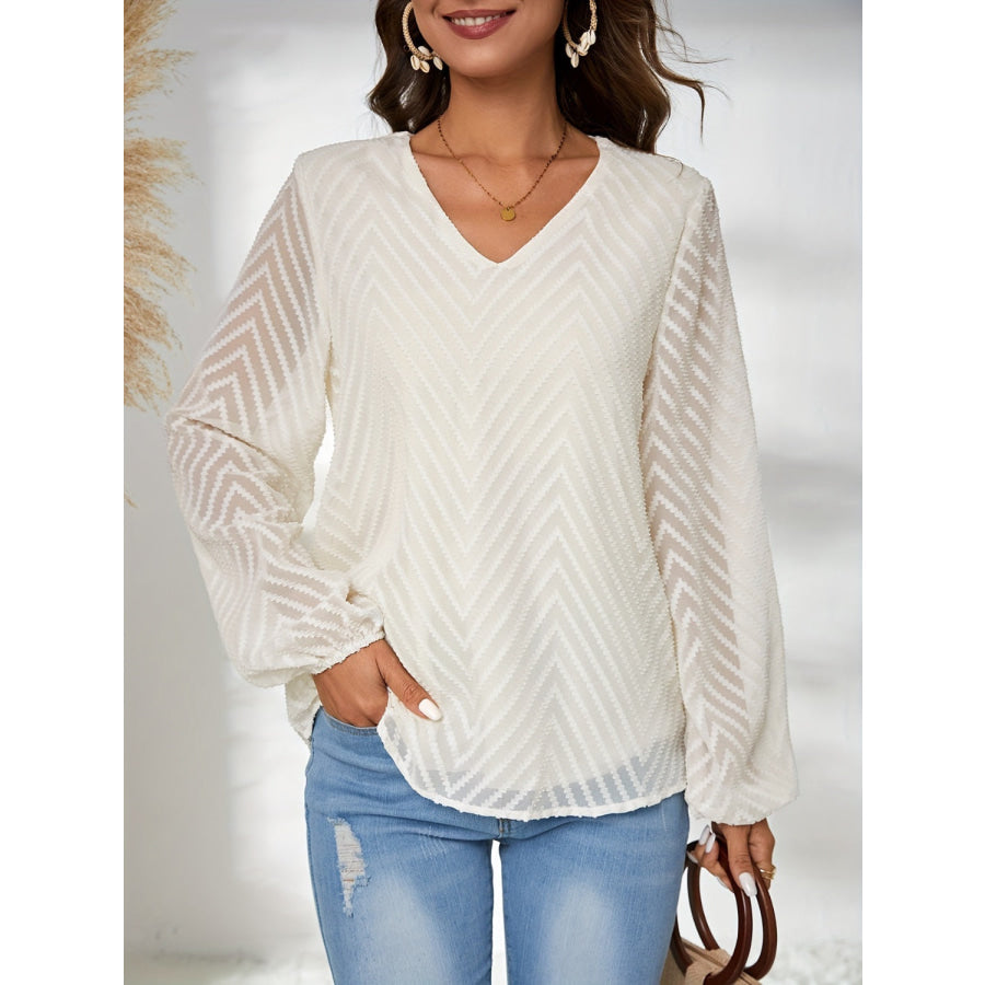 Textured V-Neck Balloon Sleeve Blouse White / S Apparel and Accessories