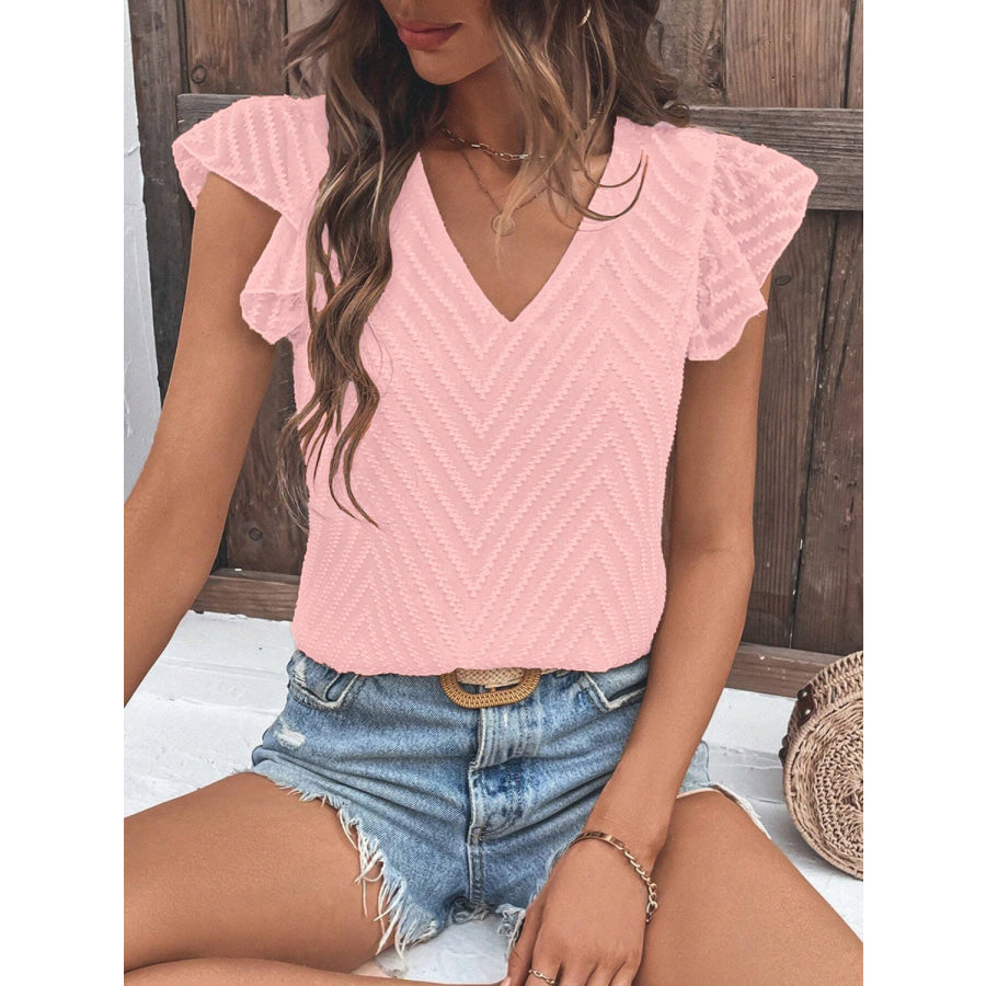 Textured V - Neck Cap Sleeve Blouse Blush Pink / S