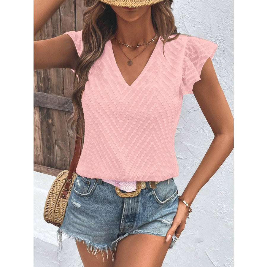 Textured V - Neck Cap Sleeve Blouse