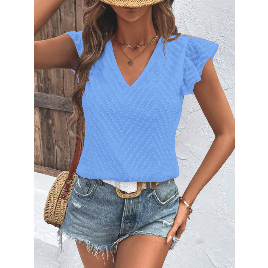 Textured V - Neck Cap Sleeve Blouse