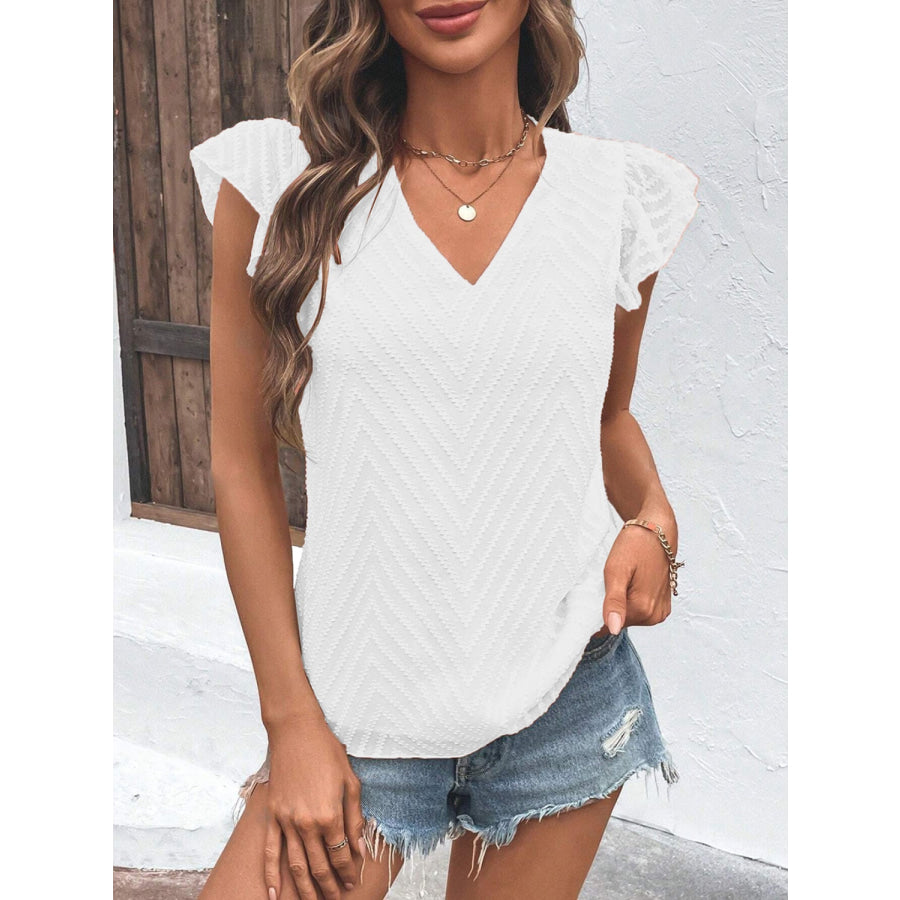 Textured V - Neck Cap Sleeve Blouse