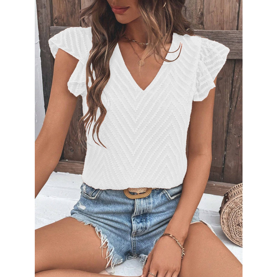 Textured V - Neck Cap Sleeve Blouse