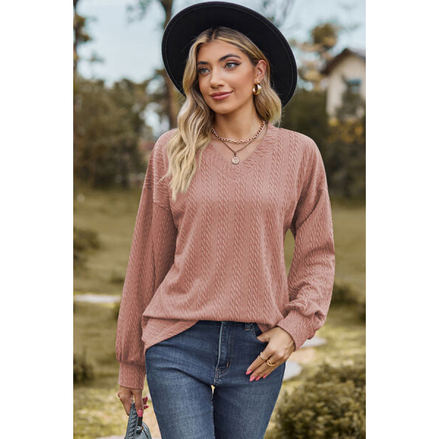 Textured V - Neck Dropped Shoulder T - Shirt Light Mauve / S Apparel and Accessories