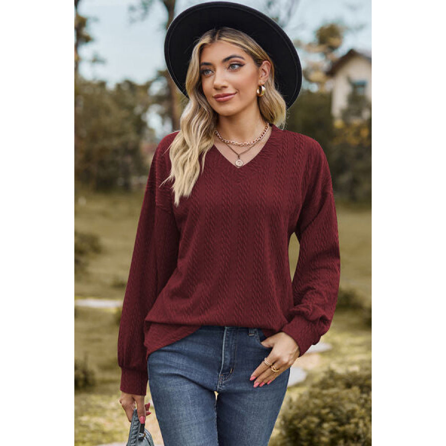 Textured V - Neck Dropped Shoulder T - Shirt Wine / S Apparel and Accessories