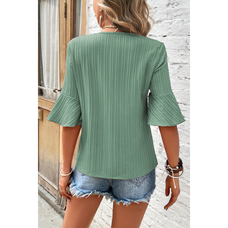 Textured V - Neck Flounce Sleeve Blouse Apparel and Accessories