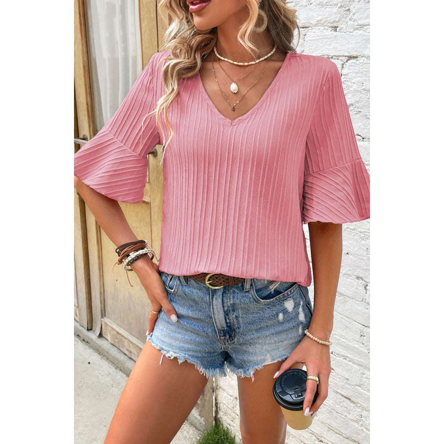 Textured V - Neck Flounce Sleeve Blouse Apparel and Accessories