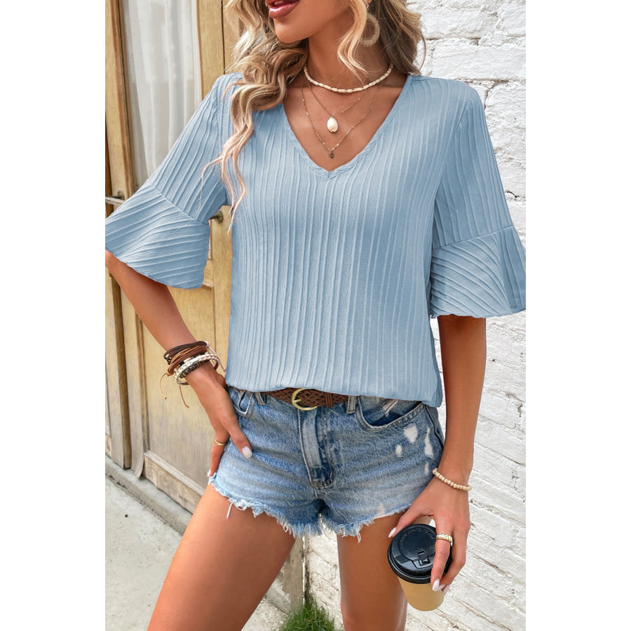 Textured V - Neck Flounce Sleeve Blouse Apparel and Accessories