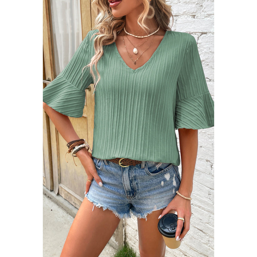 Textured V - Neck Flounce Sleeve Blouse Sage / S Apparel and Accessories