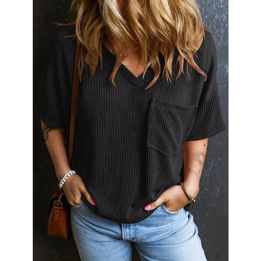 Textured V-Neck Half Sleeve T-Shirt Black / S Apparel and Accessories