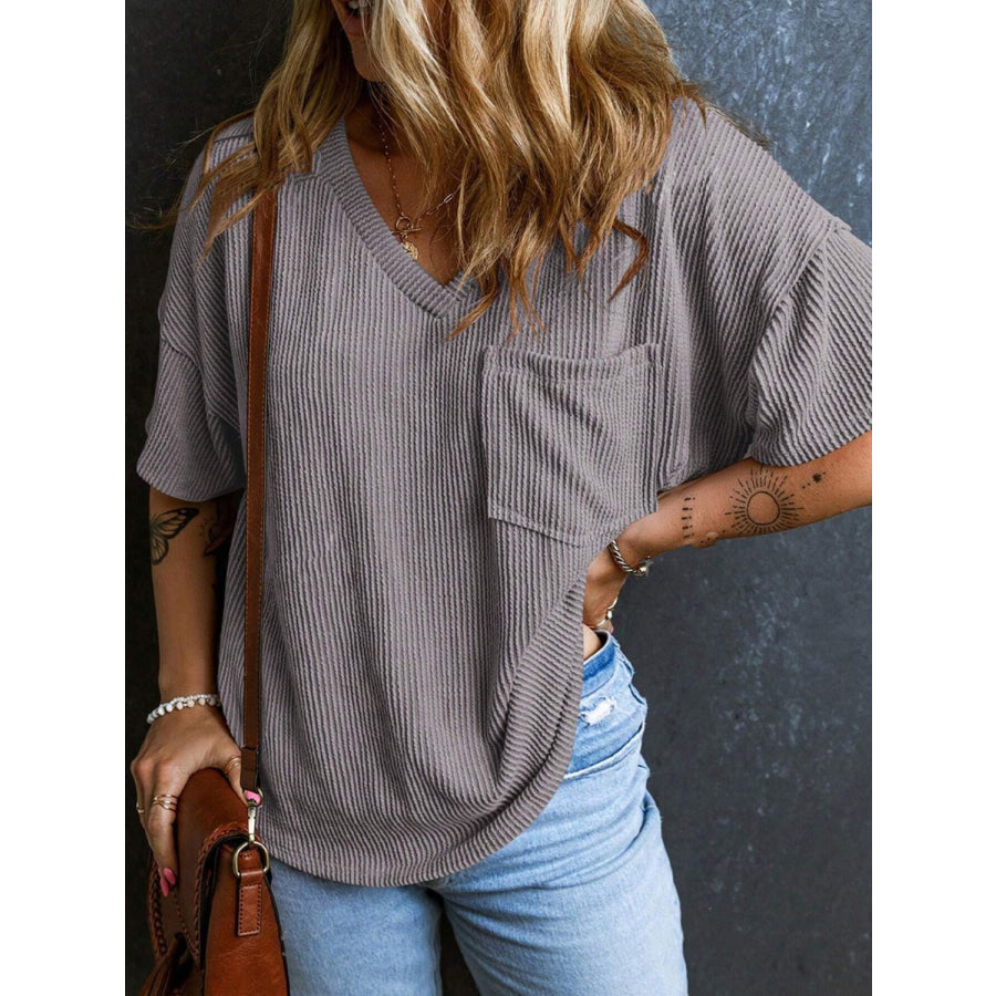 Textured V-Neck Half Sleeve T-Shirt Dark Gray / S Apparel and Accessories