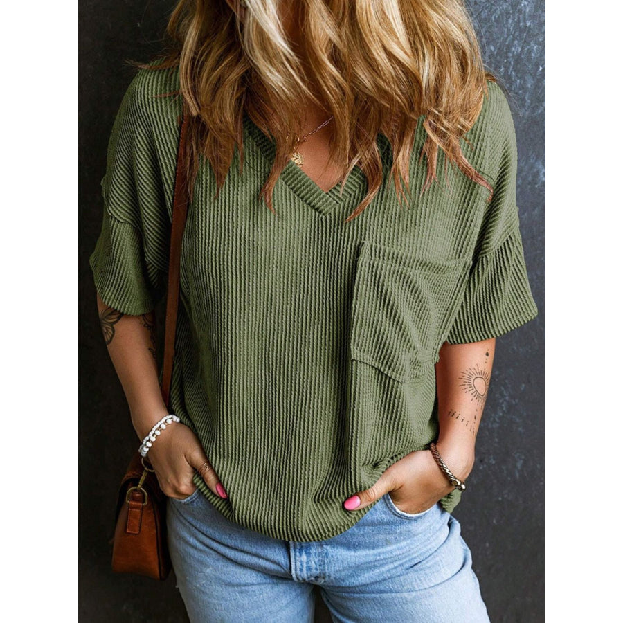Textured V-Neck Half Sleeve T-Shirt Matcha Green / S Apparel and Accessories