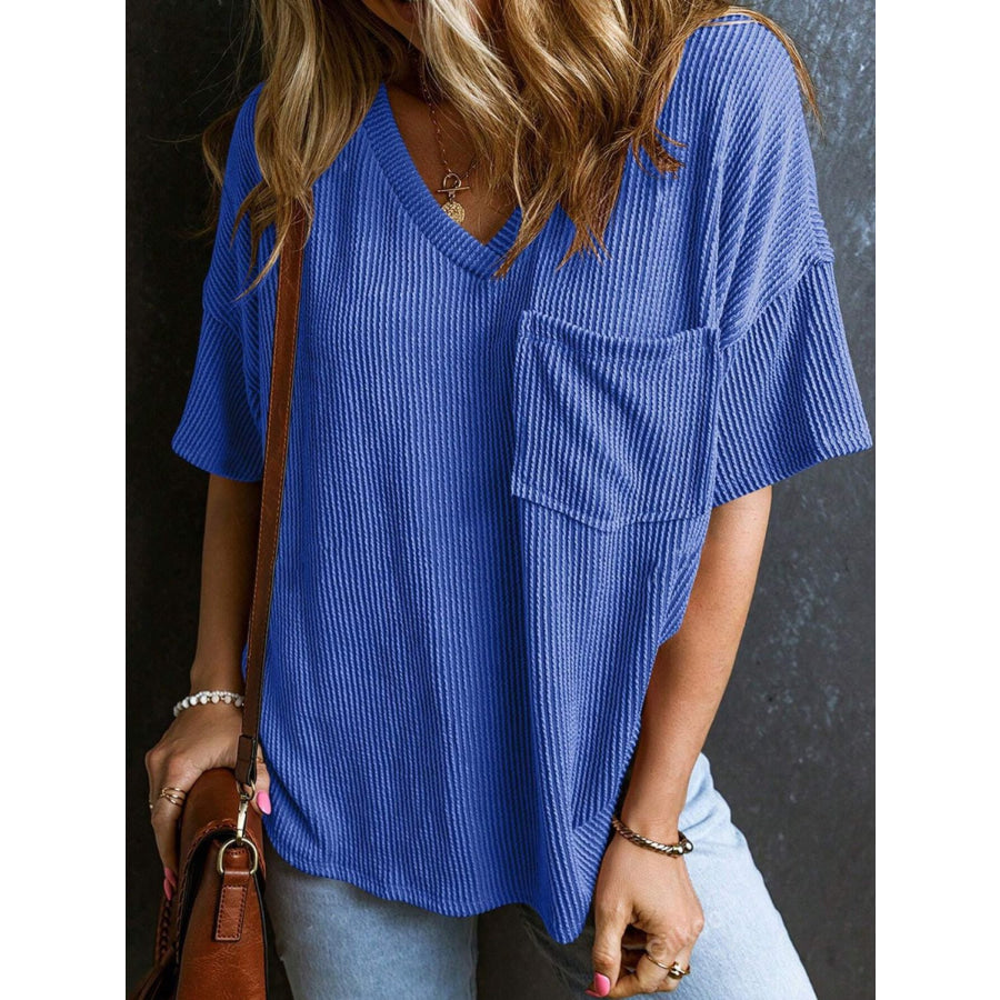 Textured V-Neck Half Sleeve T-Shirt Royal Blue / S Apparel and Accessories
