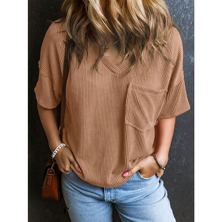 Textured V-Neck Half Sleeve T-Shirt Tan / S Apparel and Accessories