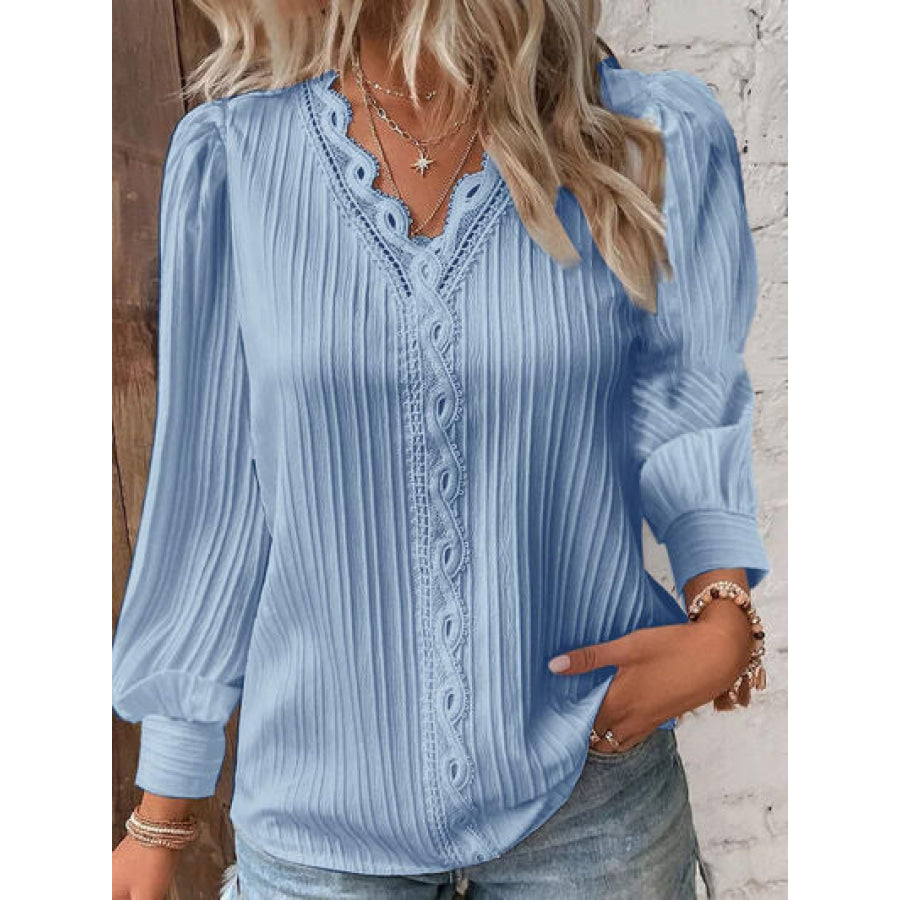 Textured V - Neck Long Sleeve Blouse Apparel and Accessories