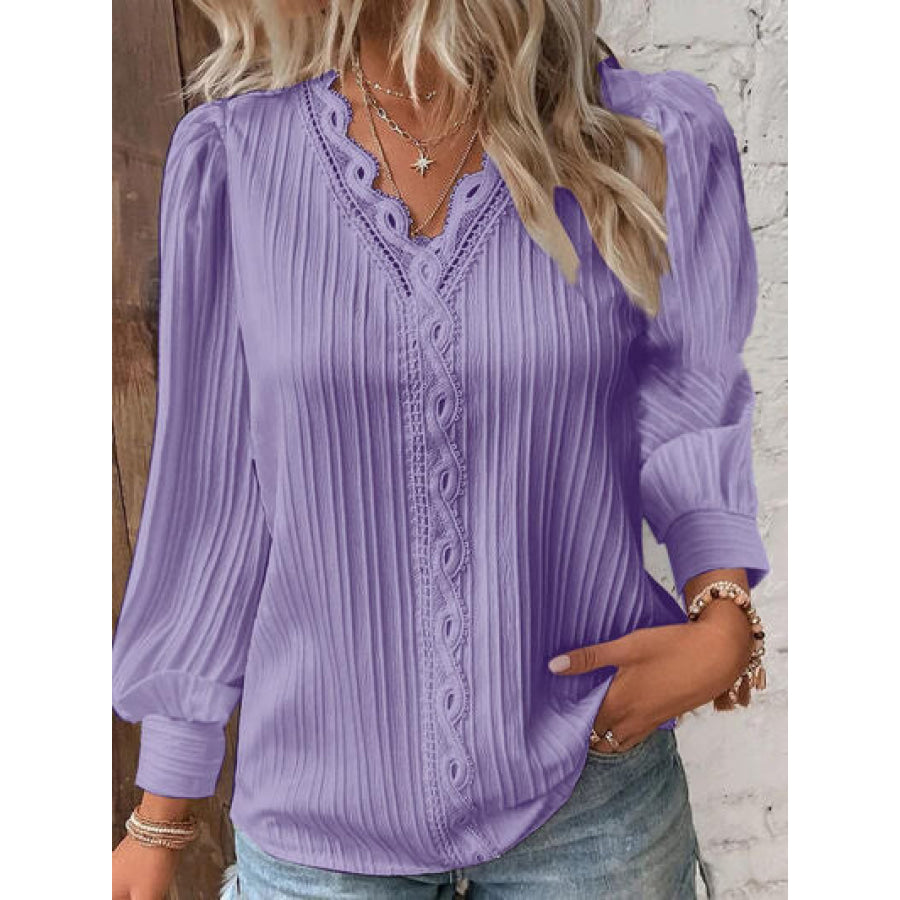 Textured V - Neck Long Sleeve Blouse Apparel and Accessories