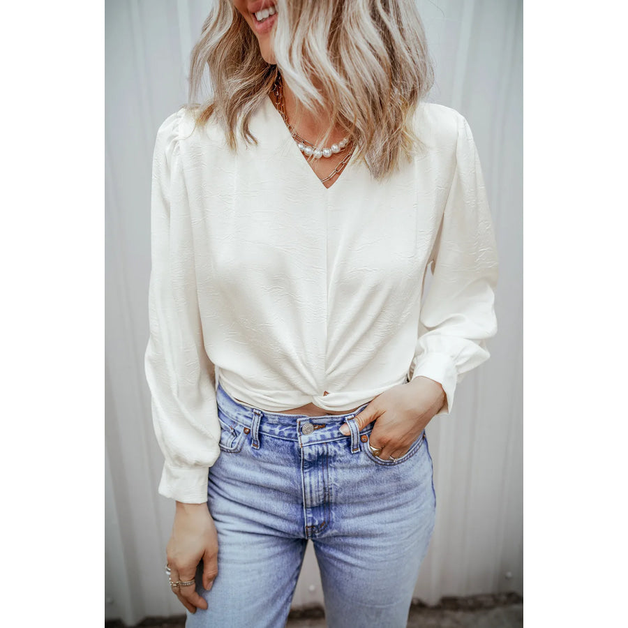 Textured V-Neck Long Sleeve Blouse Apparel and Accessories