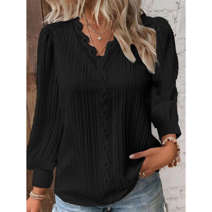 Textured V - Neck Long Sleeve Blouse Apparel and Accessories