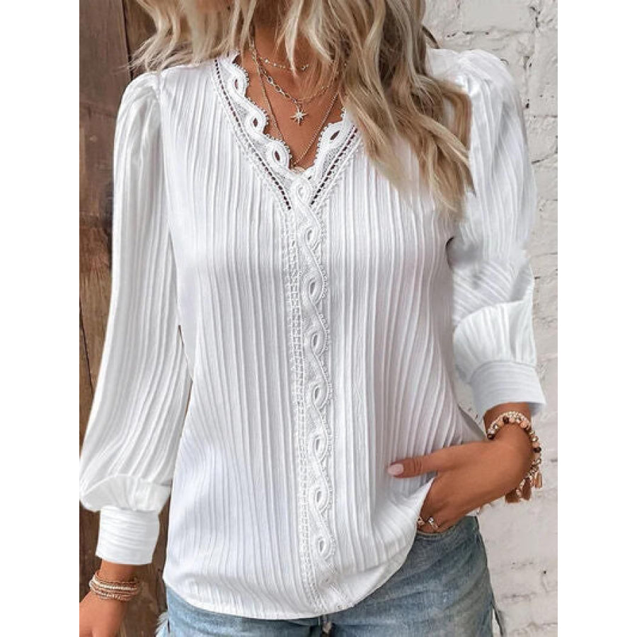 Textured V - Neck Long Sleeve Blouse Apparel and Accessories