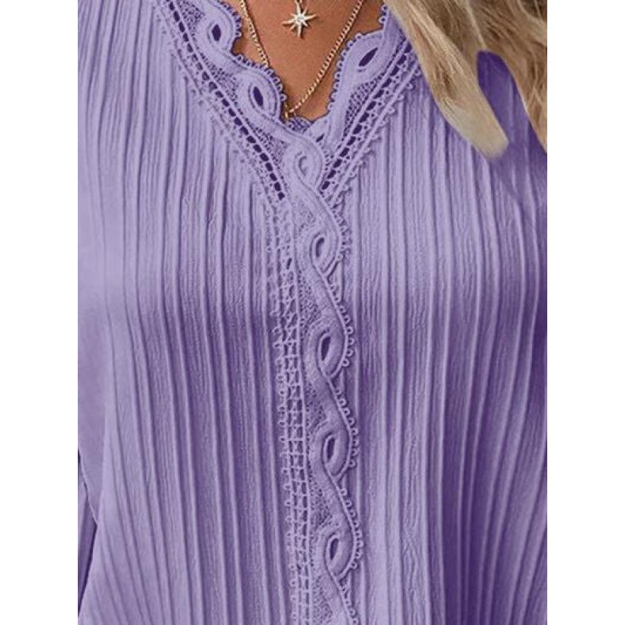 Textured V - Neck Long Sleeve Blouse Apparel and Accessories