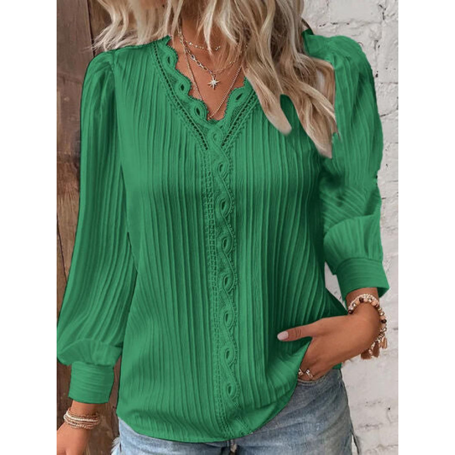 Textured V - Neck Long Sleeve Blouse Apparel and Accessories