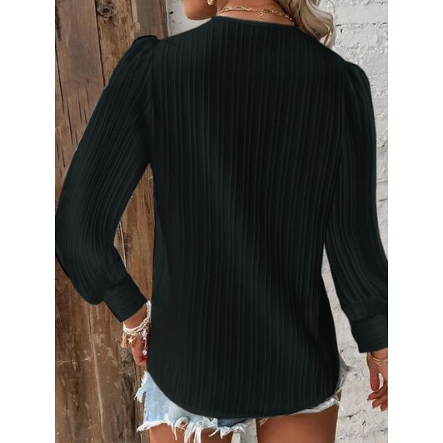 Textured V - Neck Long Sleeve Blouse Black / S Apparel and Accessories