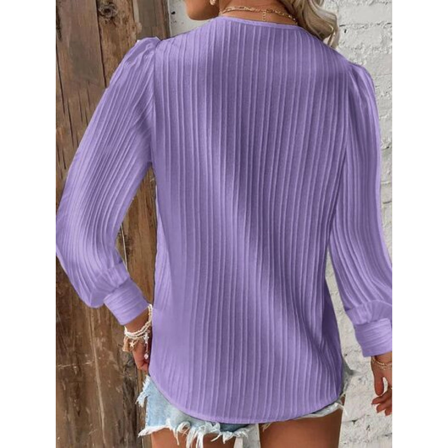 Textured V - Neck Long Sleeve Blouse Lavender / S Apparel and Accessories