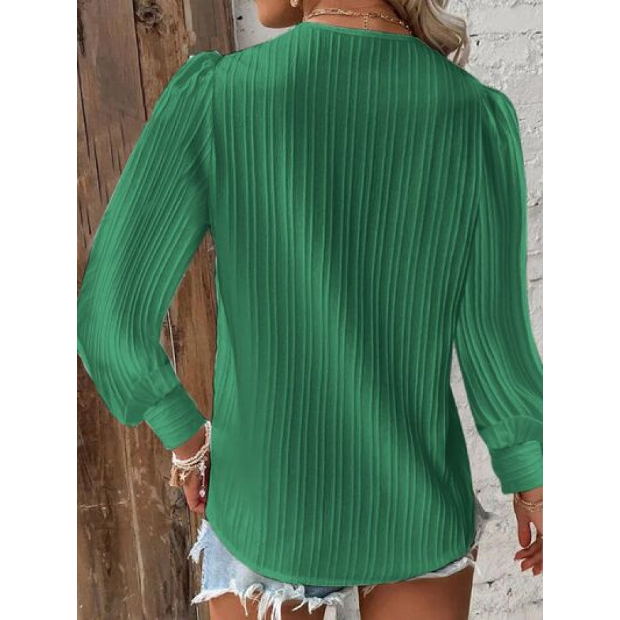 Textured V - Neck Long Sleeve Blouse Mid Green / S Apparel and Accessories