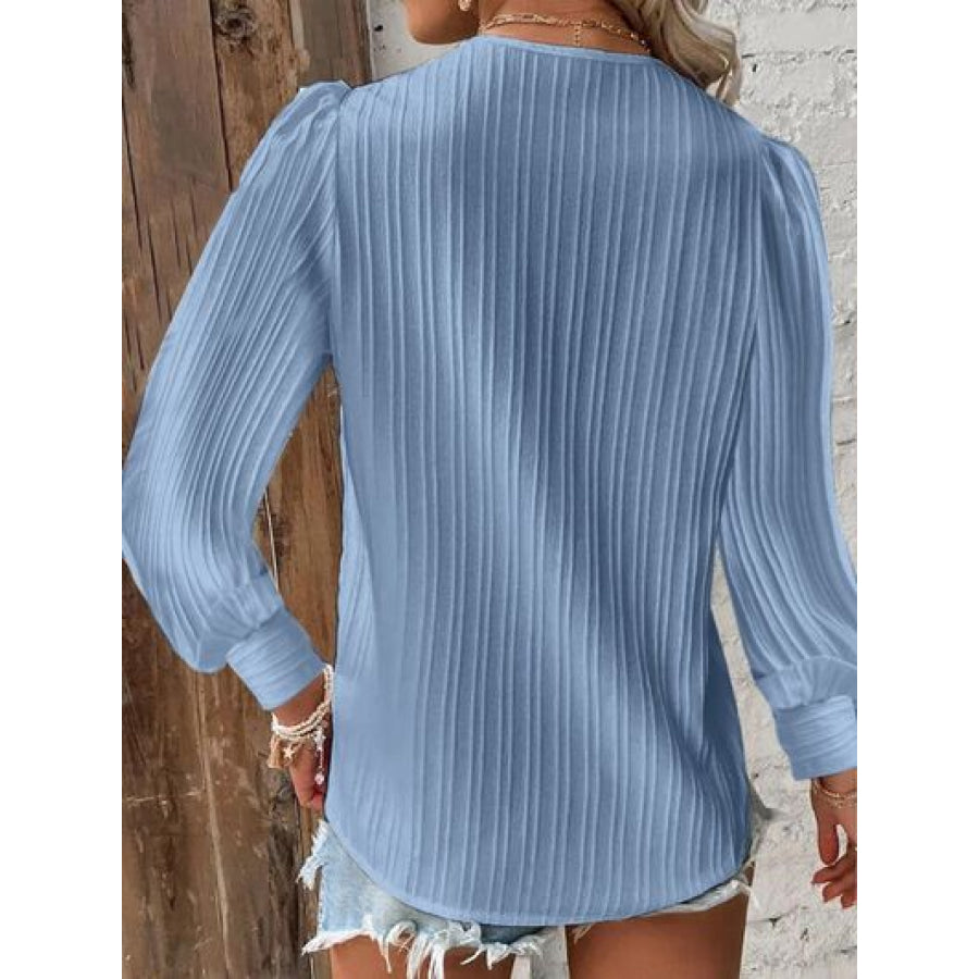 Textured V - Neck Long Sleeve Blouse Pastel Blue / S Apparel and Accessories