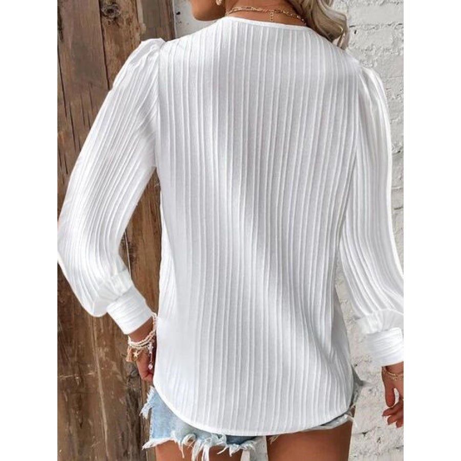 Textured V - Neck Long Sleeve Blouse White / S Apparel and Accessories