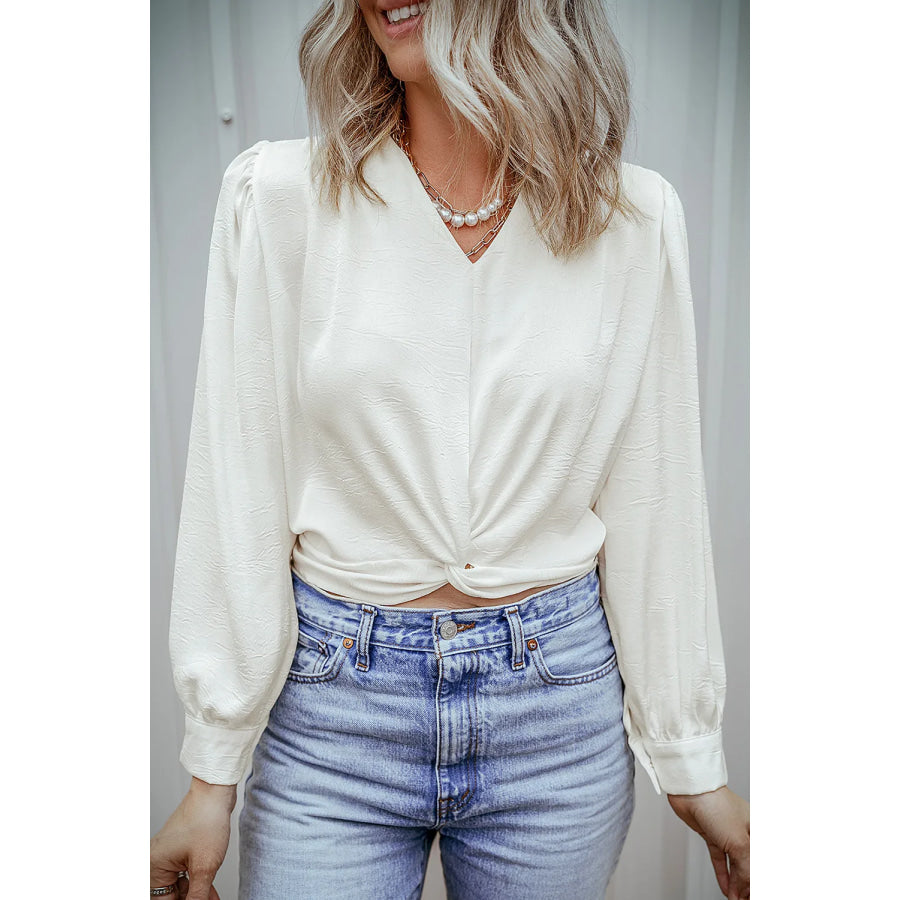 Textured V-Neck Long Sleeve Blouse White / S Apparel and Accessories