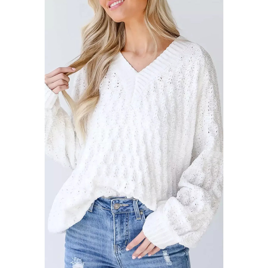 Textured V-Neck Long Sleeve Sweater Apparel and Accessories
