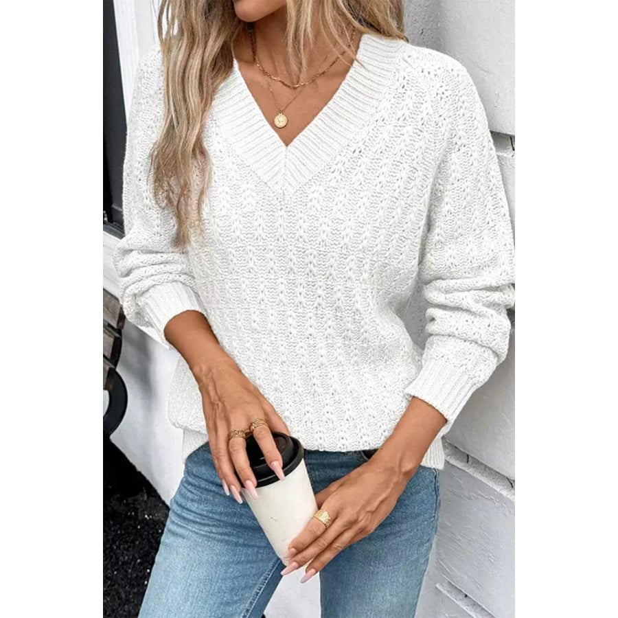 Textured V-Neck Long Sleeve Sweater White / S Apparel and Accessories