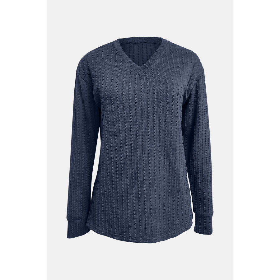 Textured V-Neck Long Sleeve T-Shirt Apparel and Accessories