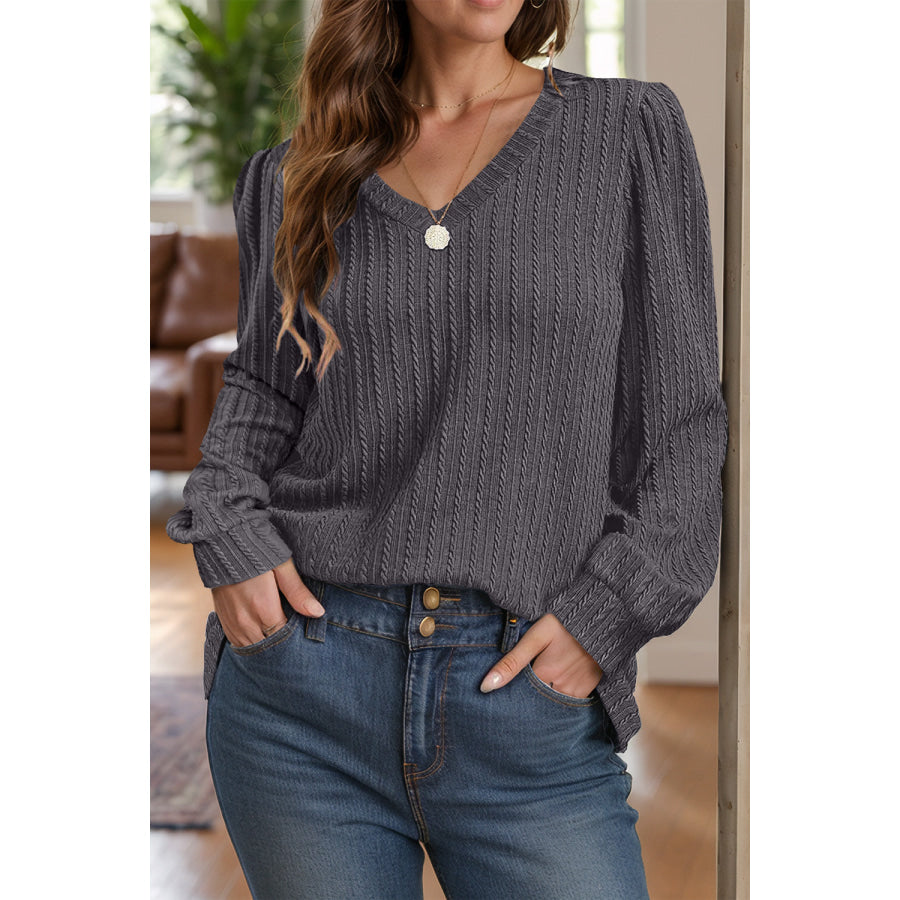 Textured V-Neck Long Sleeve T-Shirt Apparel and Accessories