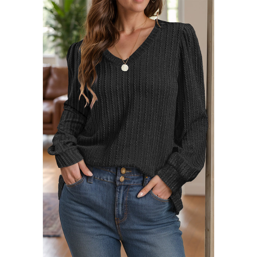 Textured V-Neck Long Sleeve T-Shirt Apparel and Accessories