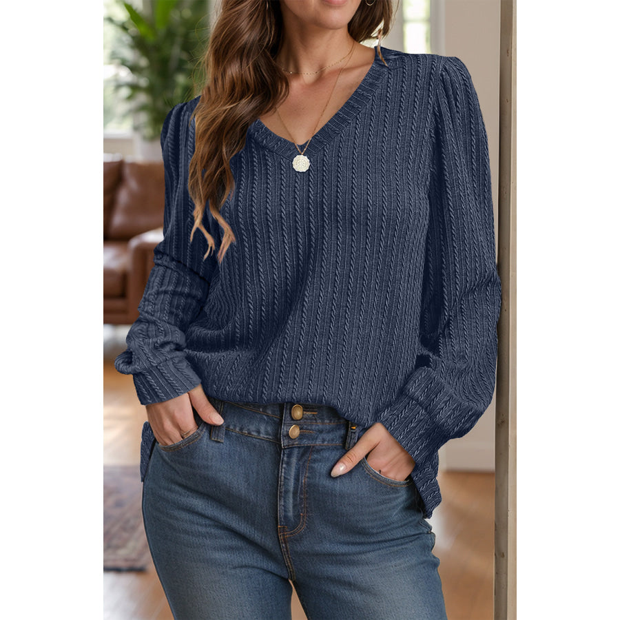 Textured V-Neck Long Sleeve T-Shirt Apparel and Accessories