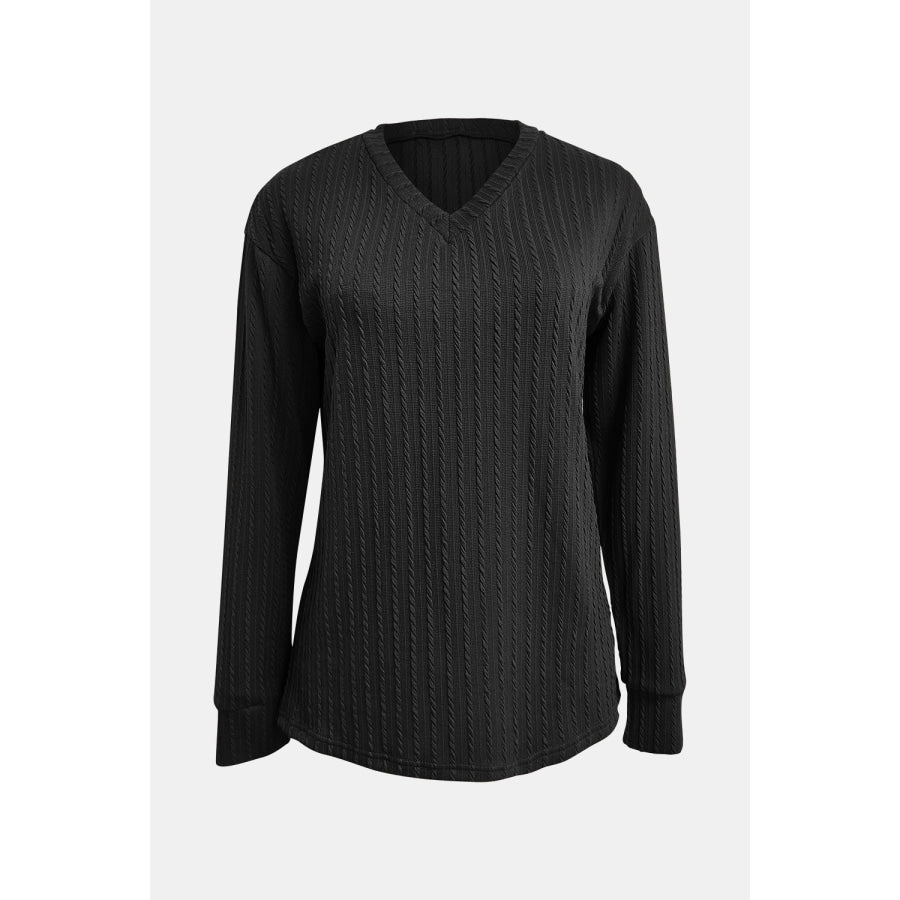 Textured V-Neck Long Sleeve T-Shirt Apparel and Accessories