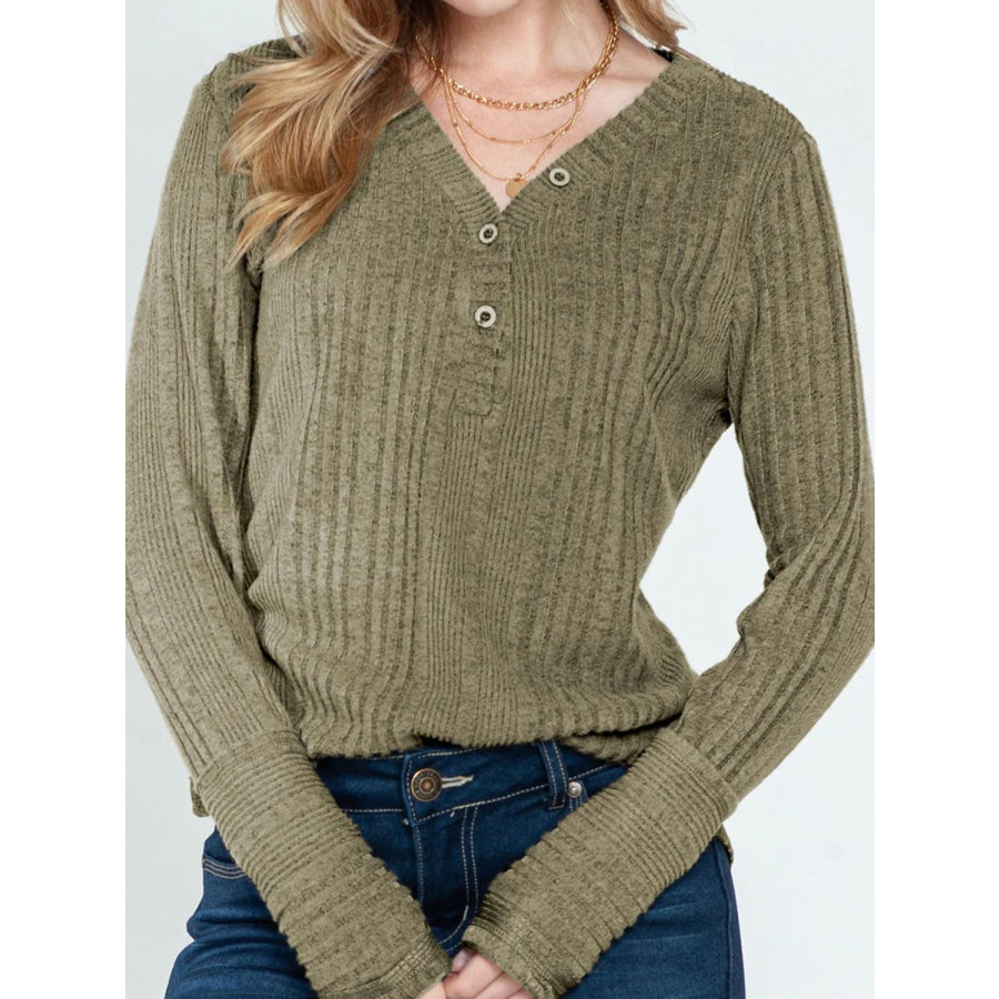 Textured V-Neck Long Sleeve T-Shirt Apparel and Accessories