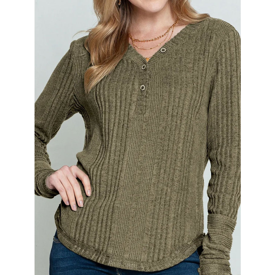 Textured V-Neck Long Sleeve T-Shirt Apparel and Accessories