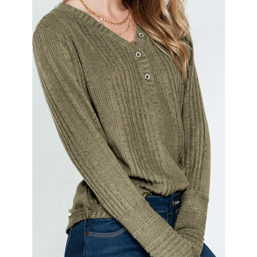 Textured V-Neck Long Sleeve T-Shirt Apparel and Accessories