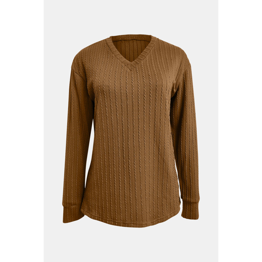 Textured V-Neck Long Sleeve T-Shirt Apparel and Accessories