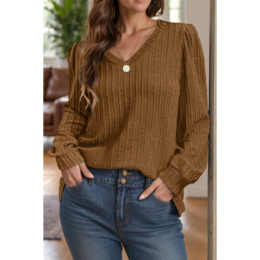 Textured V-Neck Long Sleeve T-Shirt Caramel / S Apparel and Accessories