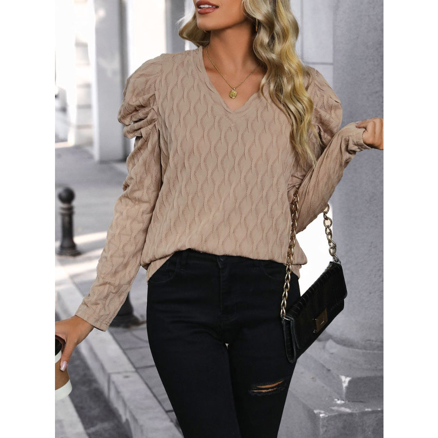 Textured V-Neck Long Sleeve Top Apparel and Accessories