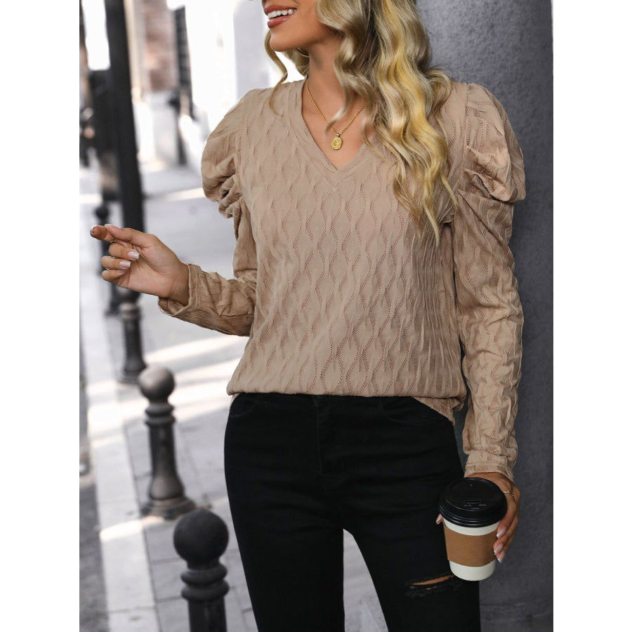 Textured V-Neck Long Sleeve Top Apparel and Accessories