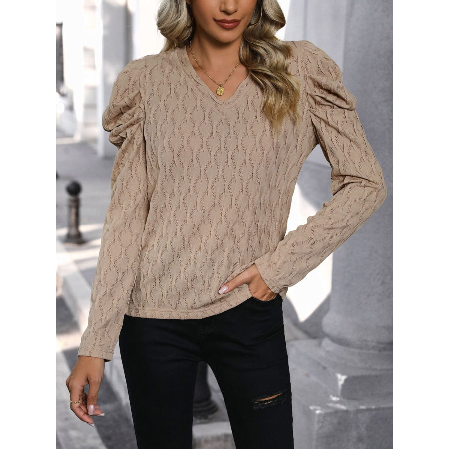 Textured V-Neck Long Sleeve Top Apparel and Accessories